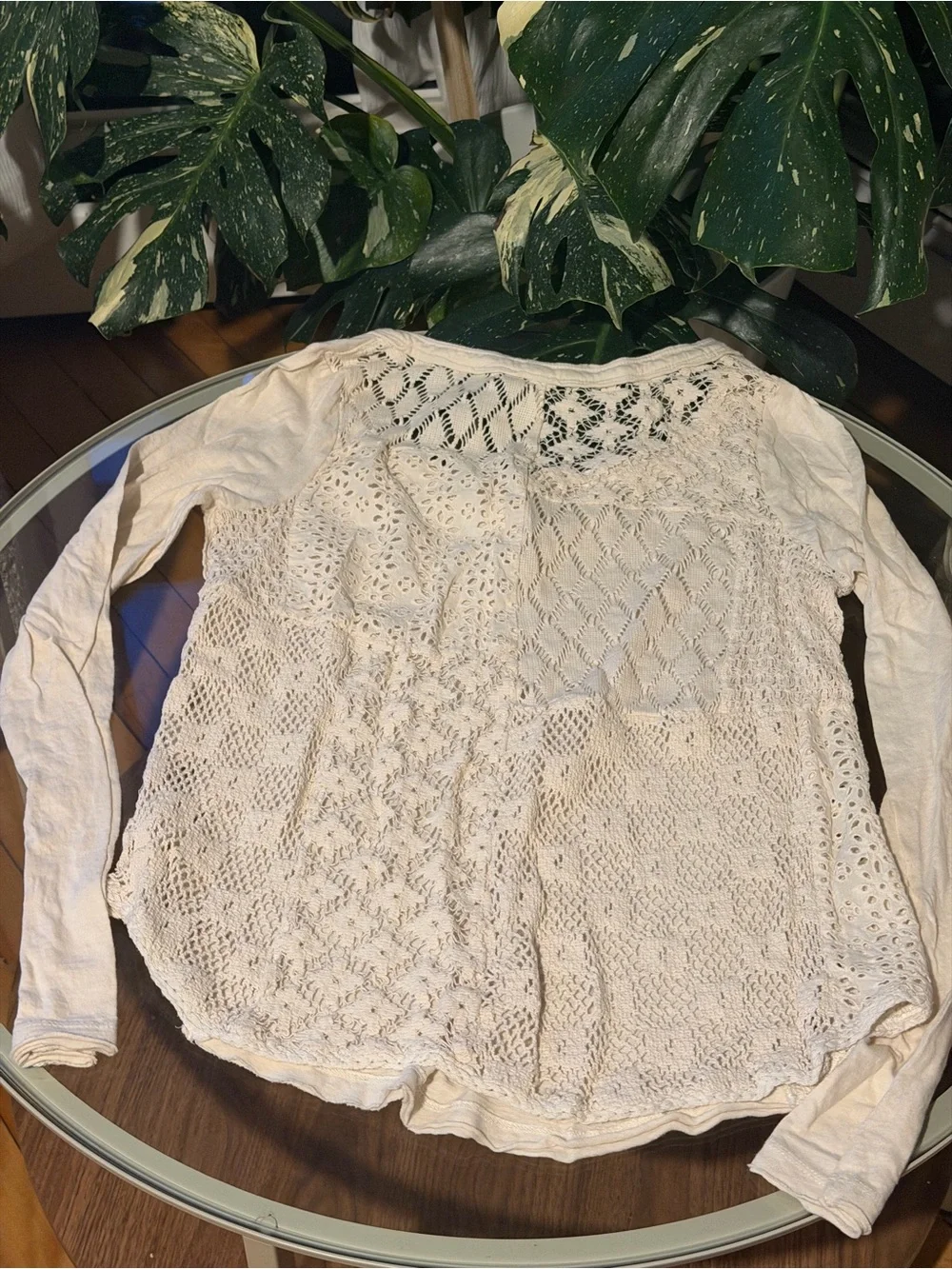 Free People Cream Long Sleeve Crochet-Panel Top